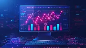 Digital revenue growth chart on a futuristic computer screen showing upward trends and analytics data for Q1 2025