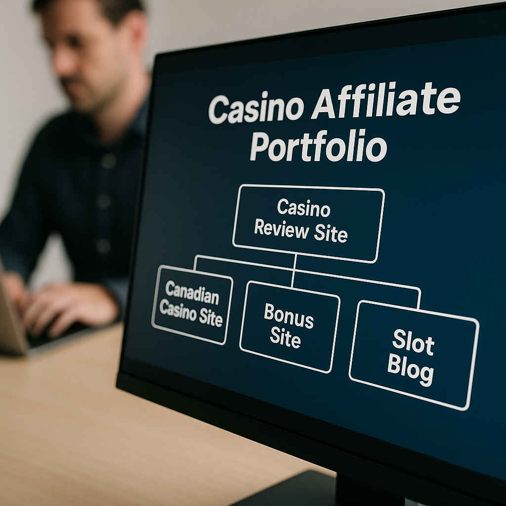 Monitor screen displaying multiple casino affiliate sites in a portfolio, highlighting SEO strategy and domain segmentation in 2025