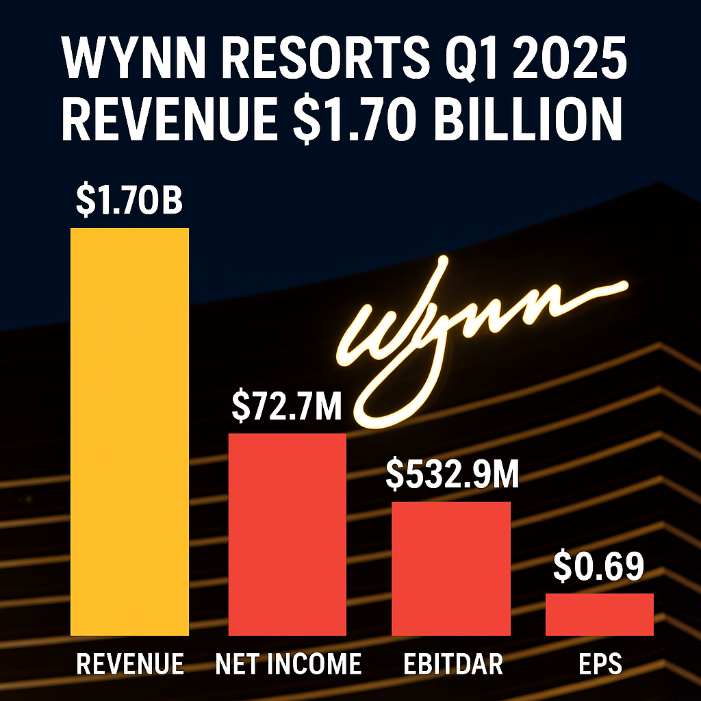 Digital chart showing Wynn Resorts Q1 2025 earnings, revenue decline, and segment performance across Macau, Las Vegas, and Boston Harbor