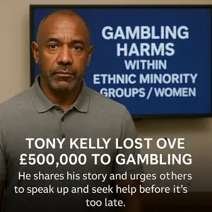 Tony Kelly stands in front of a screen about gambling harms, raising awareness about his £500,000 gambling loss.